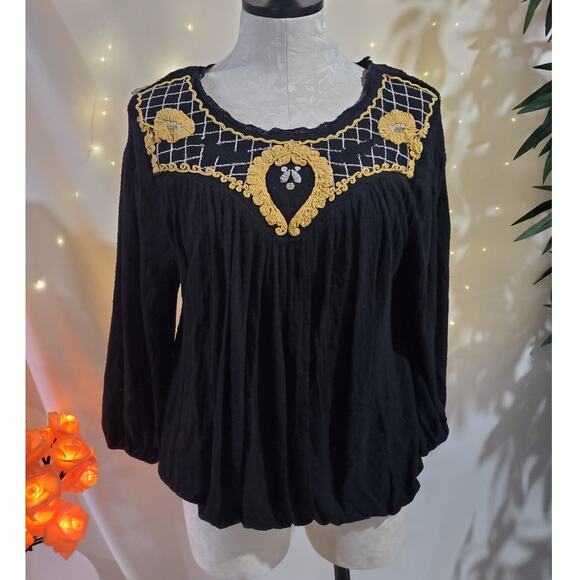 Free People Begonia Embroidered Black Flowy Boho Top Womens Size M Gold Hippie - Picture 1 of 12